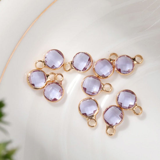 Immagine di 5 PCs Brass & Glass Birthstone Charms Gold Plated Mauve Round 6mm Dia.