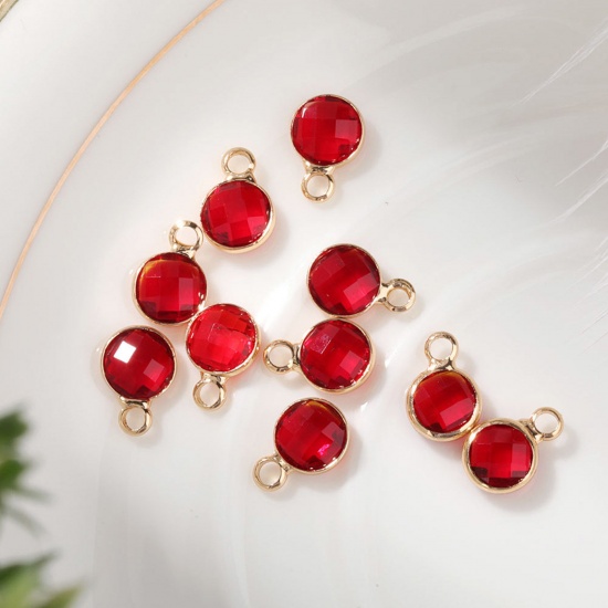 Immagine di 5 PCs Brass & Glass Birthstone Charms Gold Plated Red Round 6mm Dia.