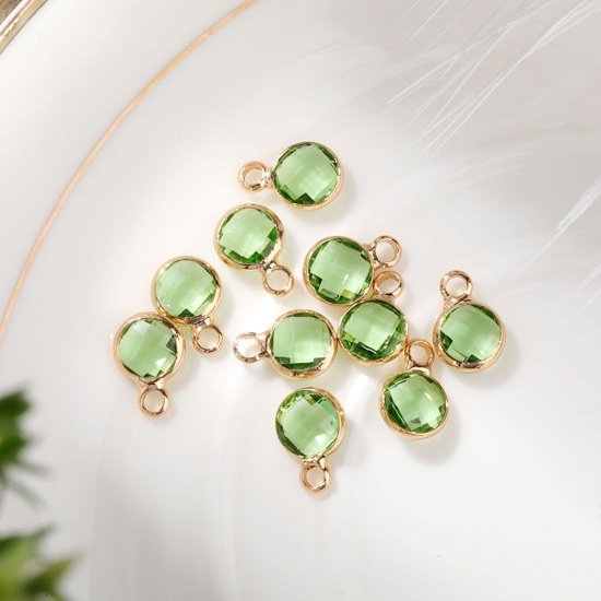 Immagine di 5 PCs Brass & Glass Birthstone Charms Gold Plated Light Green Round 6mm Dia.