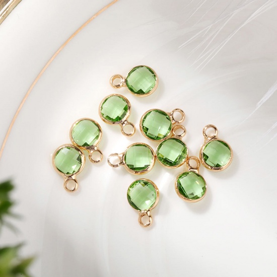 Image de 5 Pcs Breloques Pierres de Naissance en Laiton & Verre Doré Vert Clair Rond août 6mm Dia.