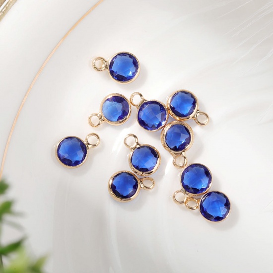 Immagine di 5 PCs Brass & Glass Birthstone Charms Gold Plated Royal Blue Round 6mm Dia.