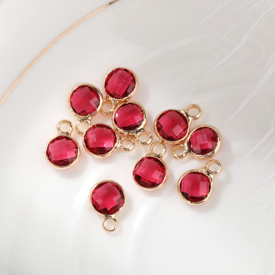 Image de 5 Pcs Breloques Pierres de Naissance en Laiton & Verre Doré Fuchsia Rond octobre 6mm Dia.