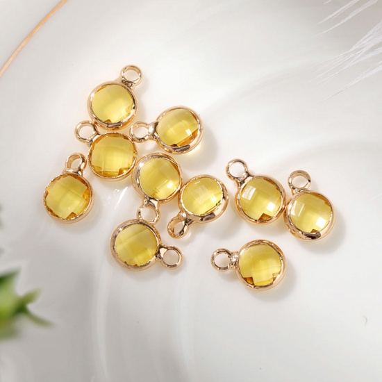 Immagine di 5 PCs Brass & Glass Birthstone Charms Gold Plated Yellow Round 6mm Dia.