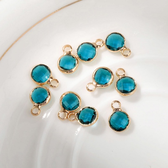Immagine di 5 PCs Brass & Glass Birthstone Charms Gold Plated Lake Blue Round 6mm Dia.