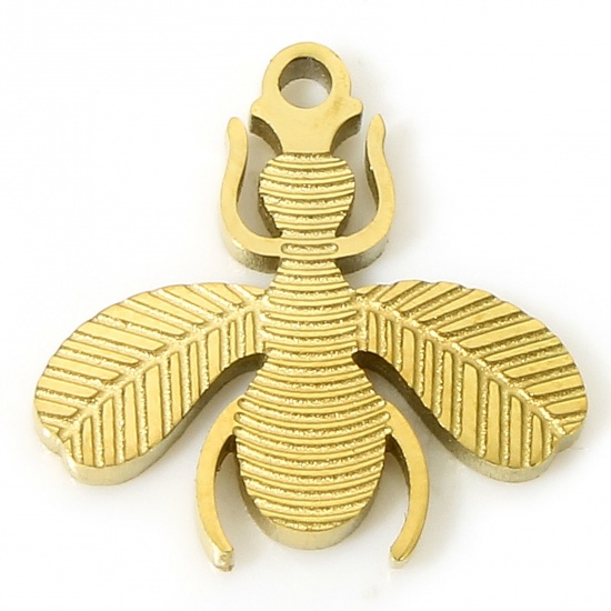 Image de 1 Pièce Breloques en 304 Acier Inoxydable Placage sous Vide PVD Respectueux de l'Environnement Insecte Abeille Plaqué Or Véritable 18K Rayées 11.5mm x 11mm