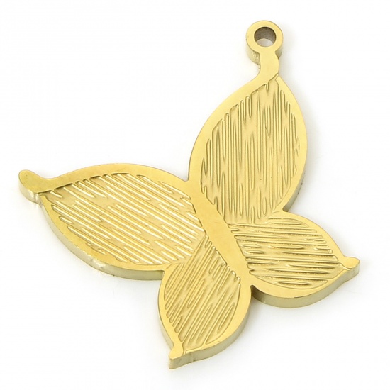 Image de 1 Pièce Breloques en 304 Acier Inoxydable Placage sous Vide PVD Respectueux de l'Environnement Insecte Papillon Plaqué Or Véritable 18K Rayées 19.5mm x 18mm