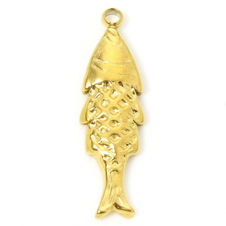 Picture of 1 Piece Eco-friendly PVD Vacuum Plating Waterproof Anti-Tarnish Hypoallergenic 304 Stainless Steel Ocean Jewelry Charms 18K Real Gold Plated Fish Animal 23mm x 7mm