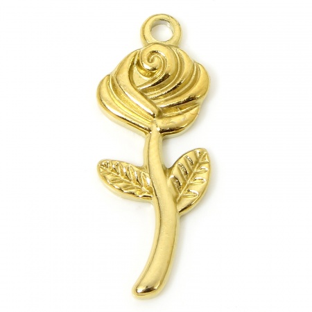 Picture of 1 Piece Eco-friendly PVD Vacuum Plating Waterproof Anti-Tarnish Hypoallergenic 304 Stainless Steel Stylish Charms 18K Real Gold Plated Rose Flower 24mm x 9.5mm