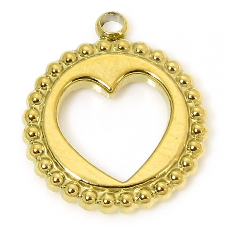 Picture of 1 Piece Eco-friendly PVD Vacuum Plating Waterproof Anti-Tarnish Hypoallergenic 304 Stainless Steel Geometric Charms 18K Real Gold Plated Circle Ring Heart Hollow 15.5mm x 13.5mm
