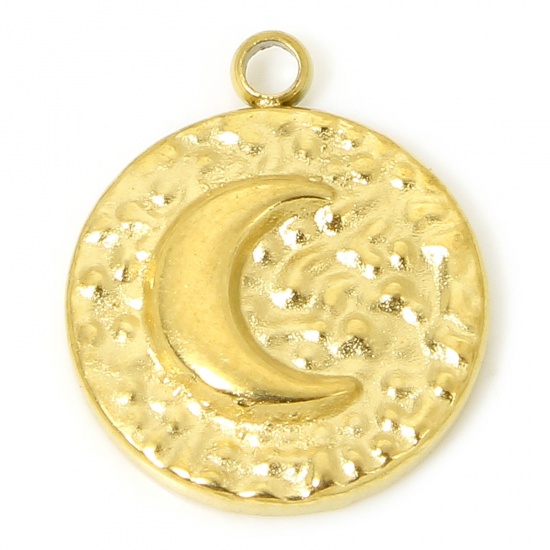Image de 1 Pièce Breloques en 304 Acier Inoxydable Placage sous Vide PVD Respectueux de l'Environnement Martelage Rond Plaqué Or Véritable 18K Lune 15mm x 12.5mm