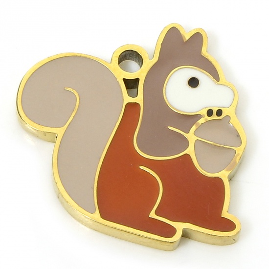 Picture of 1 Piece Eco-friendly PVD Vacuum Plating 304 Stainless Steel Cute Charms 18K Real Gold Plated Red & Coffee Squirrel Animal Acorn Enamel 15mm x 14mm