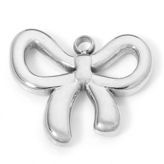 Picture of 1 Piece Hypoallergenic 304 Stainless Steel Ins Style Charms Silver Tone Bowknot 15.5mm x 13.5mm