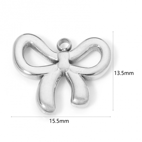 Picture of 1 Piece Hypoallergenic 304 Stainless Steel Ins Style Charms Silver Tone Bowknot 15.5mm x 13.5mm