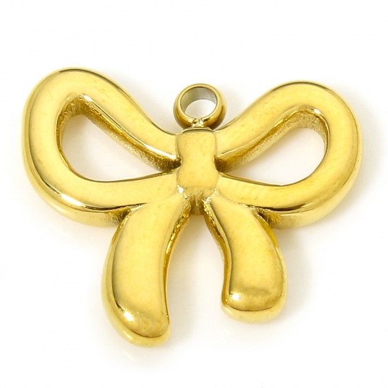 Picture of 1 Piece Vacuum Plating 304 Stainless Steel Ins Style Charms Gold Plated Bowknot 15.5mm x 13.5mm
