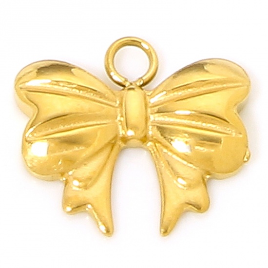 Picture of 1 Piece Vacuum Plating 304 Stainless Steel Ins Style Charms Gold Plated Bowknot 13mm x 11.5mm