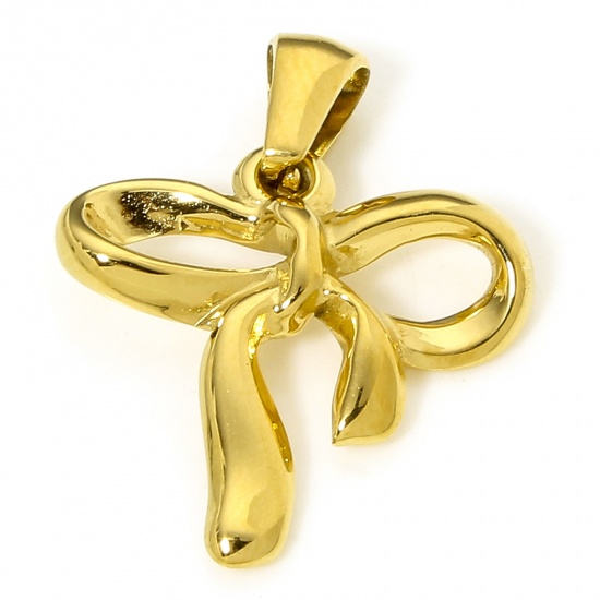 Picture of 1 Piece Vacuum Plating 304 Stainless Steel Ins Style Charms Gold Plated Bowknot 24mm x 19mm