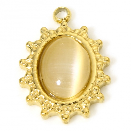 Image de 1 Pièce Breloques en 304 Acier Inoxydable & Verre Œil de Chat Placage sous Vide Style Royal Ovale Doré Champagne 16mm x 11.5mm