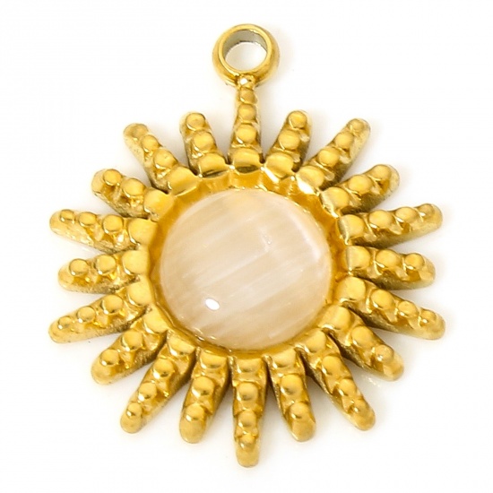 Image de 1 Pièce Breloques en 304 Acier Inoxydable & Verre Œil de Chat Placage sous Vide Style Royal Rond Doré Champagne Fleurs de Soleil 17mm x 14mm