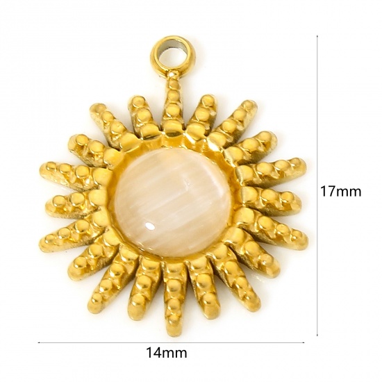 Image de 1 Pièce Breloques en 304 Acier Inoxydable & Verre Œil de Chat Placage sous Vide Style Royal Rond Doré Champagne Fleurs de Soleil 17mm x 14mm