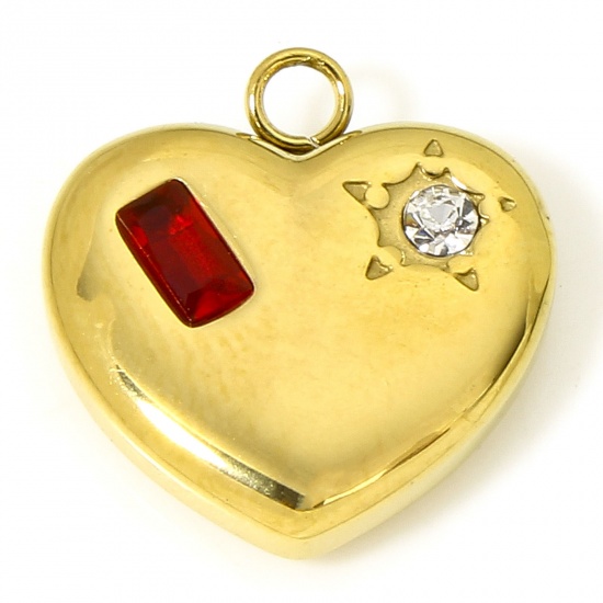 Image de 1 Pièce Breloques en 304 Acier Inoxydable Placage sous Vide La Saint Valentin Cœur Doré Rectangle à Strass Rouge à Zircone Cubique Clair 14.5mm x 14mm
