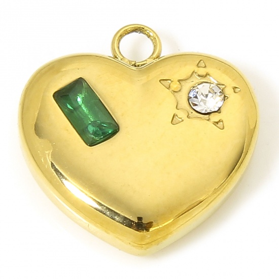 Image de 1 Pièce Breloques en 304 Acier Inoxydable Placage sous Vide La Saint Valentin Cœur Doré Rectangle à Strass Vert à Zircone Cubique Clair 14.5mm x 14mm
