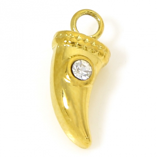 Image de 1 Pièce Breloques en 304 Acier Inoxydable Placage sous Vide Rétro Dent de Loup Doré à Strass Transparent 12.5mm x 5.5mm