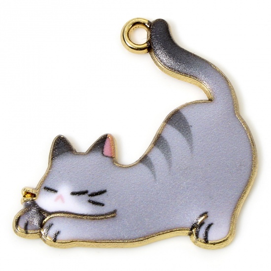 Immagine di 10 PCs Zinc Based Alloy Charms Gold Plated Gray Cat Animal Animal Enamel 26mm x 25mm