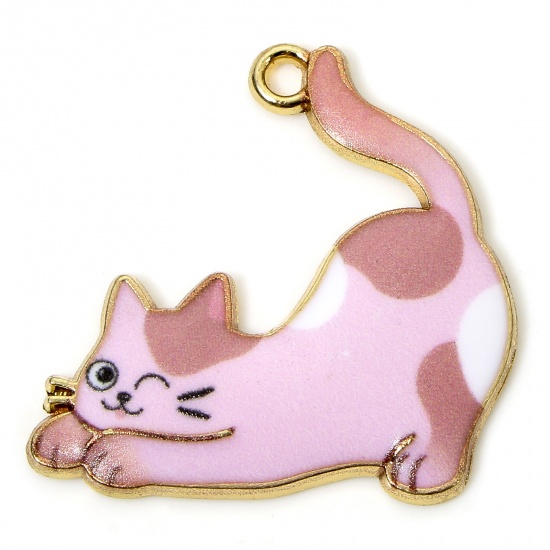 Immagine di 10 PCs Zinc Based Alloy Charms Gold Plated Pink Cat Animal Animal Enamel 26mm x 25mm