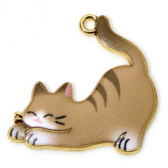 Immagine di 10 PCs Zinc Based Alloy Charms Gold Plated Brown Cat Animal Animal Enamel 26mm x 25mm