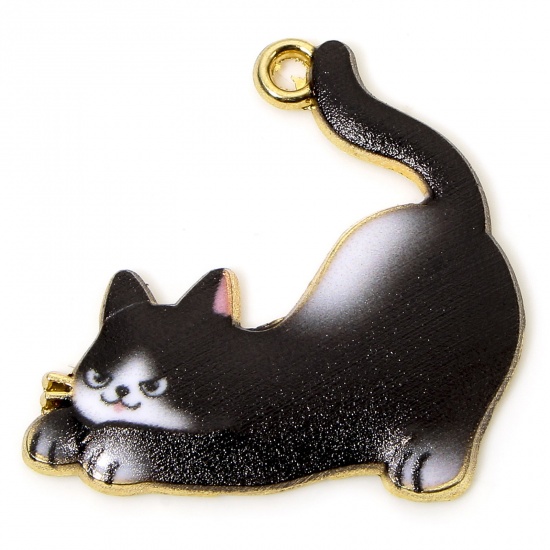 Immagine di 10 PCs Zinc Based Alloy Charms Gold Plated Black Cat Animal Animal Enamel 26mm x 25mm