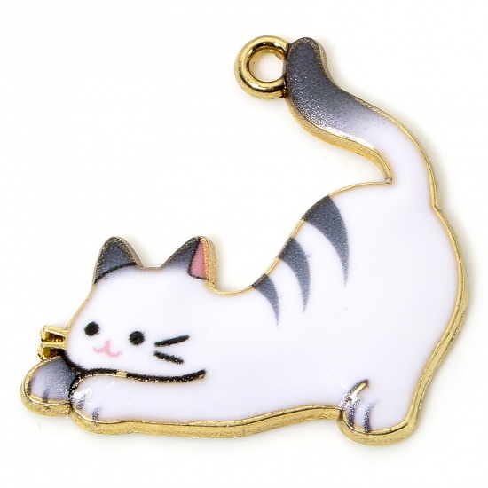 Immagine di 10 PCs Zinc Based Alloy Charms Gold Plated White Cat Animal Animal Enamel 26mm x 25mm