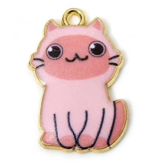 Immagine di 10 PCs Zinc Based Alloy Charms Gold Plated Pink Cat Animal Animal Enamel 25mm x 17mm