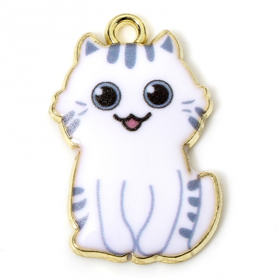 Immagine di 10 PCs Zinc Based Alloy Charms Gold Plated White Cat Animal Animal Enamel 25mm x 17mm