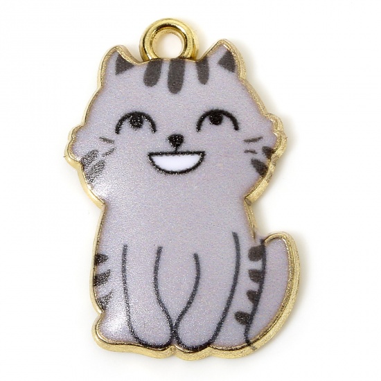 Immagine di 10 PCs Zinc Based Alloy Charms Gold Plated Gray Cat Animal Animal Enamel 25mm x 17mm