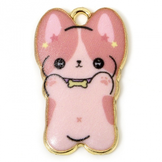 Picture of 10 PCs Zinc Based Alloy Charms Gold Plated Pink Dog Animal Animal Enamel 25mm x 16mm