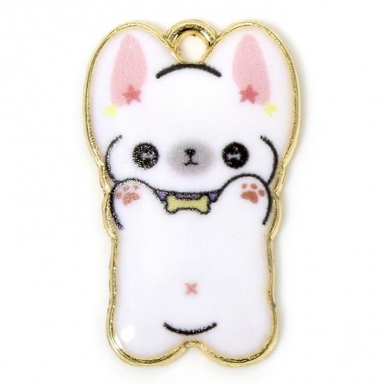 Picture of 10 PCs Zinc Based Alloy Charms Gold Plated White Dog Animal Animal Enamel 25mm x 16mm