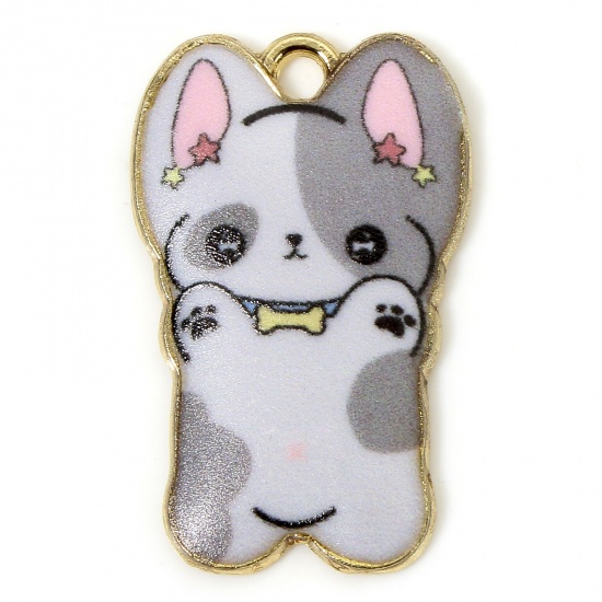 Picture of 10 PCs Zinc Based Alloy Charms Gold Plated Gray Dog Animal Animal Enamel 25mm x 16mm