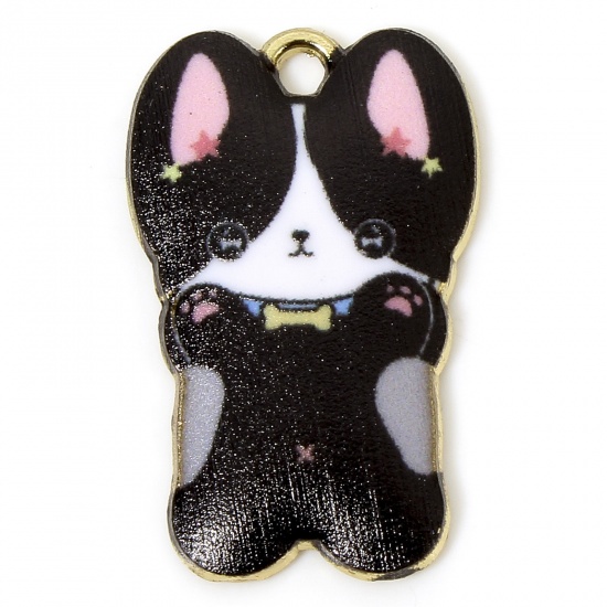 Picture of 10 PCs Zinc Based Alloy Charms Gold Plated Black Dog Animal Animal Enamel 25mm x 16mm