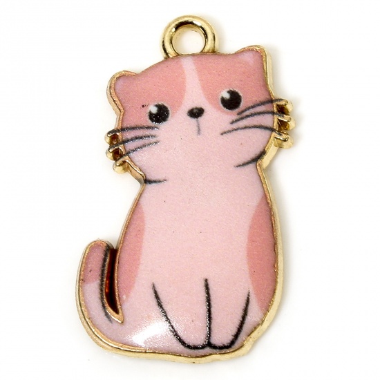 Picture of 10 PCs Zinc Based Alloy Charms Gold Plated Pink Cat Animal Animal Enamel 24mm x 14mm