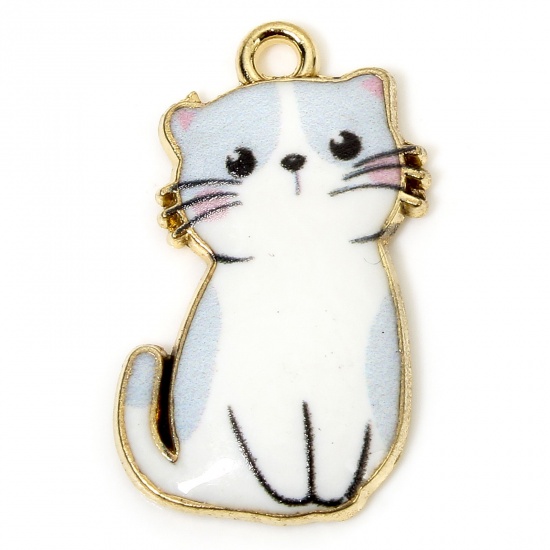 Picture of 10 PCs Zinc Based Alloy Charms Gold Plated White Cat Animal Animal Enamel 24mm x 14mm