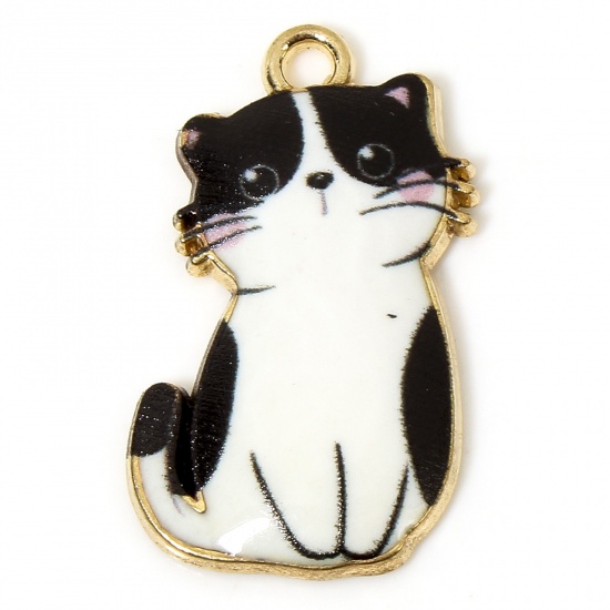 Picture of 10 PCs Zinc Based Alloy Charms Gold Plated Black & White Cat Animal Animal Enamel 24mm x 14mm