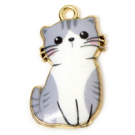 Picture of 10 PCs Zinc Based Alloy Charms Gold Plated White & Gray Cat Animal Animal Enamel 24mm x 14mm