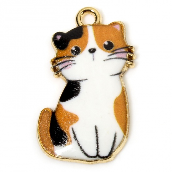 Picture of 10 PCs Zinc Based Alloy Charms Gold Plated Multicolor Cat Animal Animal Enamel 24mm x 14mm