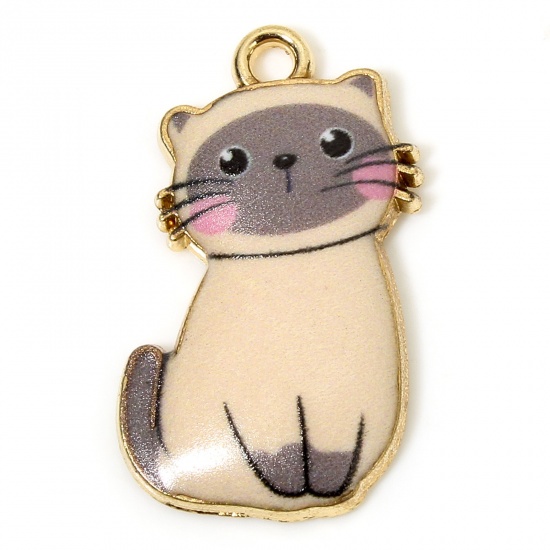 Picture of 10 PCs Zinc Based Alloy Charms Gold Plated Taupe Cat Animal Animal Enamel 24mm x 14mm