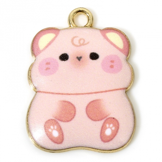 Picture of 10 PCs Zinc Based Alloy Charms Gold Plated Pink Hamster Animal Enamel 23mm x 17mm
