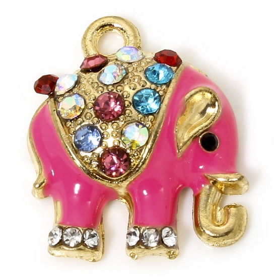 Picture of 5 PCs Zinc Based Alloy Charms Gold Plated Fuchsia Elephant Animal Animal Enamel Multicolor Rhinestone 18mm x 16mm