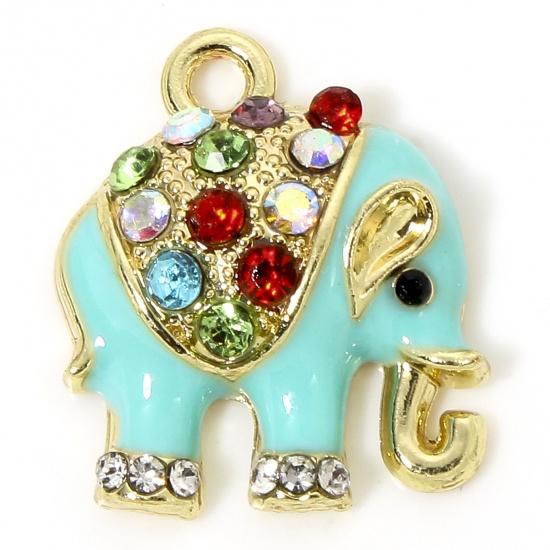 Picture of 5 PCs Zinc Based Alloy Charms Gold Plated Green Blue Elephant Animal Animal Enamel Multicolor Rhinestone 18mm x 16mm