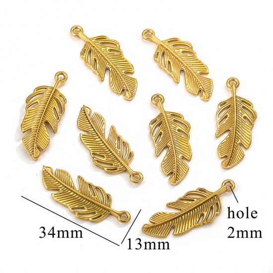 Imagen de 1 Unidad Enchapado al Vacío 304 Acero Inoxidable Colgantes Pluma Chapado en Oro 34mm x 13mm