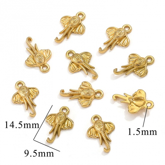 Imagen de 1 Unidad Enchapado al Vacío 304 Acero Inoxidable Colgantes Cabeza de elefante Chapado en Oro 14.5mm x 9.5mm