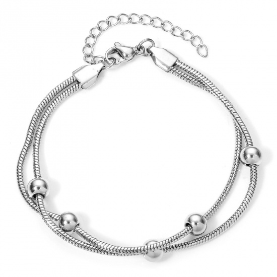 Picture of 1 Piece 304 Stainless Steel Double Layer Snake Chain Bracelets Silver Tone 17.5cm(6 7/8") long